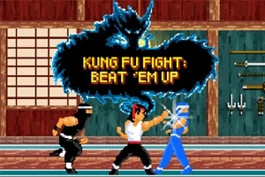 Tre figurer i kampstilling, med tekstboksen Kung Fu Fight: Beat em Up og et dragebilde i bakgrunnen