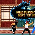 Tre figurer i kampstilling, med tekstboksen Kung Fu Fight: Beat em Up og et dragebilde i bakgrunnen