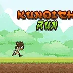 Tegnet figur løper gjennom en grønn og skogkledd landskap med fjell i bakgrunnen, mens bokstavene Kunoichi Run vises øverst