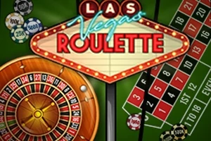 Et Las Vegas-skilt med teksten Las Vegas Roulette foran en roulette-hjul og en spillmatte med sjetonger