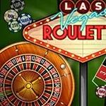 Et Las Vegas-skilt med teksten Las Vegas Roulette foran en roulette-hjul og en spillmatte med sjetonger