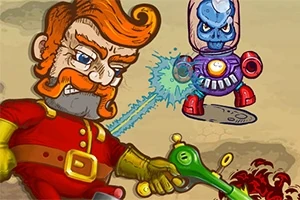 En tegnet figur med rødt hår og skjegg skyter med en futuristisk laserpistol mot en robot med et blått hode i en glasskuppel