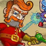 En tegnet figur med rødt hår og skjegg skyter med en futuristisk laserpistol mot en robot med et blått hode i en glasskuppel