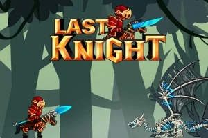 En ridder i rød rustning med et blått sverd konfronterer en isdrage i en skog med teksten Last Knight over dem