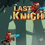 En ridder i rød rustning med et blått sverd konfronterer en isdrage i en skog med teksten Last Knight over dem