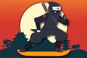 Ninja på et skateboard foran en stor måne med en oransje og rød himmel i bakgrunnen