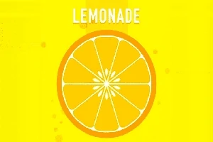Skive av sitron med teksten LEMONADE i hvit på en gul bakgrunn