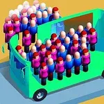 Grønn bus fylt med små, fargerike figurer med røde hatter på en vei