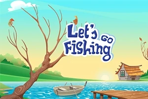 En tegnet scene med en elv, en trebåt, en brygge, et hus ved vannet og en himmel i solnedgang, med teksten Lets Go Fishing i midten