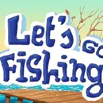 En tegnet scene med en elv, en trebåt, en brygge, et hus ved vannet og en himmel i solnedgang, med teksten Lets Go Fishing i midten