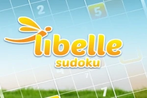 Logoen til Libelle Sudoku på en bakgrunn med et svakt bilde av et sudoku-rutenett