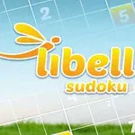 Logoen til Libelle Sudoku på en bakgrunn med et svakt bilde av et sudoku-rutenett