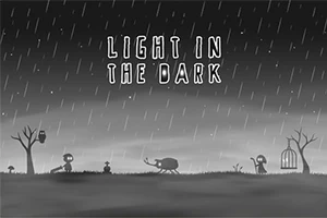Silhuetter av figurer og trær i et regnvær med teksten Light in the Dark på en mørk bakgrunn