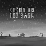 Silhuetter av figurer og trær i et regnvær med teksten Light in the Dark på en mørk bakgrunn