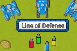 Tegning av tre blå stridsvogner, et skilt med Line of Defense og fargerike ammunisjonskuler på en grønn bakgrunn