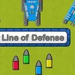 Tegning av tre blå stridsvogner, et skilt med Line of Defense og fargerike ammunisjonskuler på en grønn bakgrunn