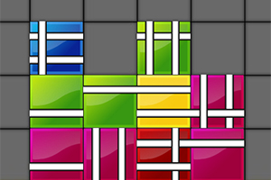 Fargerike, geometriske blokker i ulike former arrangert på et rutenett
