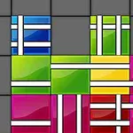 Fargerike, geometriske blokker i ulike former arrangert på et rutenett
