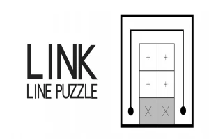 Teksten LINK LINE PUZZLE ved siden av et svart-hvitt rutenett med pluss- og kryss-tegn og forbindelseslinjer