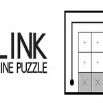 Teksten LINK LINE PUZZLE ved siden av et svart-hvitt rutenett med pluss- og kryss-tegn og forbindelseslinjer