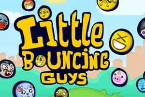 Tegneserie-illustrasjon med teksten Little Bouncing Guys omgitt av fargerike, smilende ansikter på en bakgrunn av blå himmel og landskap