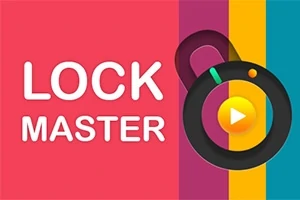 Fargerikt design med teksten Lock Master og en stilisert hengelås med en play-knapp i midten