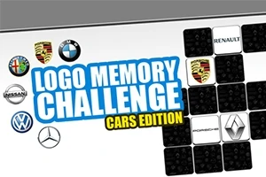 Bilde av flere bilmerker, inkludert BMW, Porsche, Nissan, Renault og Mercedes, med tekst Logo Memory Challenge Cars Edition