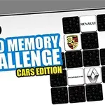 Bilde av flere bilmerker, inkludert BMW, Porsche, Nissan, Renault og Mercedes, med tekst Logo Memory Challenge Cars Edition