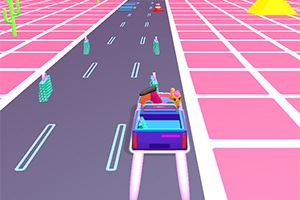 En tegneserieaktig scene med en blå bil i bevegelse på en rosa-stripet vei med hindringer og futuristiske elementer rundt