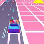 En tegneserieaktig scene med en blå bil i bevegelse på en rosa-stripet vei med hindringer og futuristiske elementer rundt