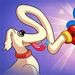 En tegneseriehund med en lang, bøyelig snute blir truffet av en blå figur med en krone og boksehansker