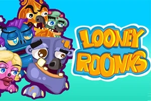 Fargerike, tegneserieaktige monstre ved siden av teksten Looney Roonks på en blå bakgrunn