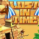 Tittel Lost in Time med egyptisk motiv, inkludert pyramider, palmetrær, og Anubis-lignende figurer