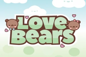 Tegneseriebilde med teksten Love Bears omgitt av to søte bjørner med hjerter på en bakgrunn av skyer