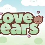 Tegneseriebilde med teksten Love Bears omgitt av to søte bjørner med hjerter på en bakgrunn av skyer