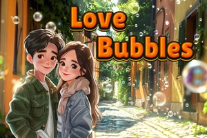 Et forelsket ungt par står i en solfylt brosteinsgate med svevende såpebobler og teksten «Love Bubbles»