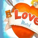 Et stort rødt hjerte med en pil gjennom, omgitt av en bamse og to små, flyvende amoriner med vinger, tekst Love Match på et banner foran hjertet