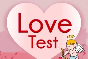 Stor rosa hjerte med teksten Love Test og en tegnet amor med pil og bue i hjørnet