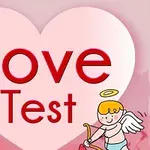 Stor rosa hjerte med teksten Love Test og en tegnet amor med pil og bue i hjørnet
