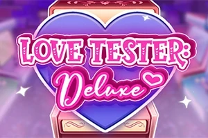 Et stort blått hjerte med teksten Love Tester: Deluxe i rosa og hvitt på en fargerik bakgrunn