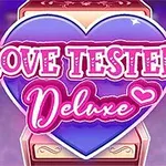 Et stort blått hjerte med teksten Love Tester: Deluxe i rosa og hvitt på en fargerik bakgrunn