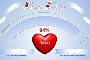 Et spillgrensesnitt med teksten Love Tester, et stort rødt hjerte med Reset i midten, og teksten 94% ovenfor