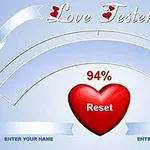 Et spillgrensesnitt med teksten Love Tester, et stort rødt hjerte med Reset i midten, og teksten 94% ovenfor