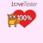 En tegnet katt ved siden av et stort rødt hjerte med 100% skrevet over, mot en rosa bakgrunn med teksten Love Tester øverst