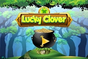 Tekst Lucky Clover over en kjele med gullmynter på en skogbakgrunn