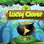 Tekst Lucky Clover over en kjele med gullmynter på en skogbakgrunn