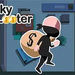 En tegnet tyv i svart kostyme bærer en sekk med et dollartegn, sett ovenfra i et rom med få møbler