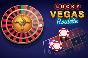 Roulettehjul med sjetonger på et bord og teksten Lucky Vegas Roulette mot en mørk blå bakgrunn