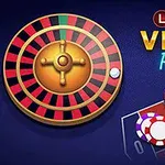 Roulettehjul med sjetonger på et bord og teksten Lucky Vegas Roulette mot en mørk blå bakgrunn