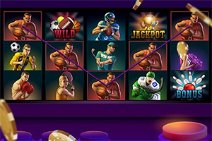 Spilleautomat med sportsikoner, inkludert fotball, basketball, og en jackpot-symbol i en fargerik innstilling